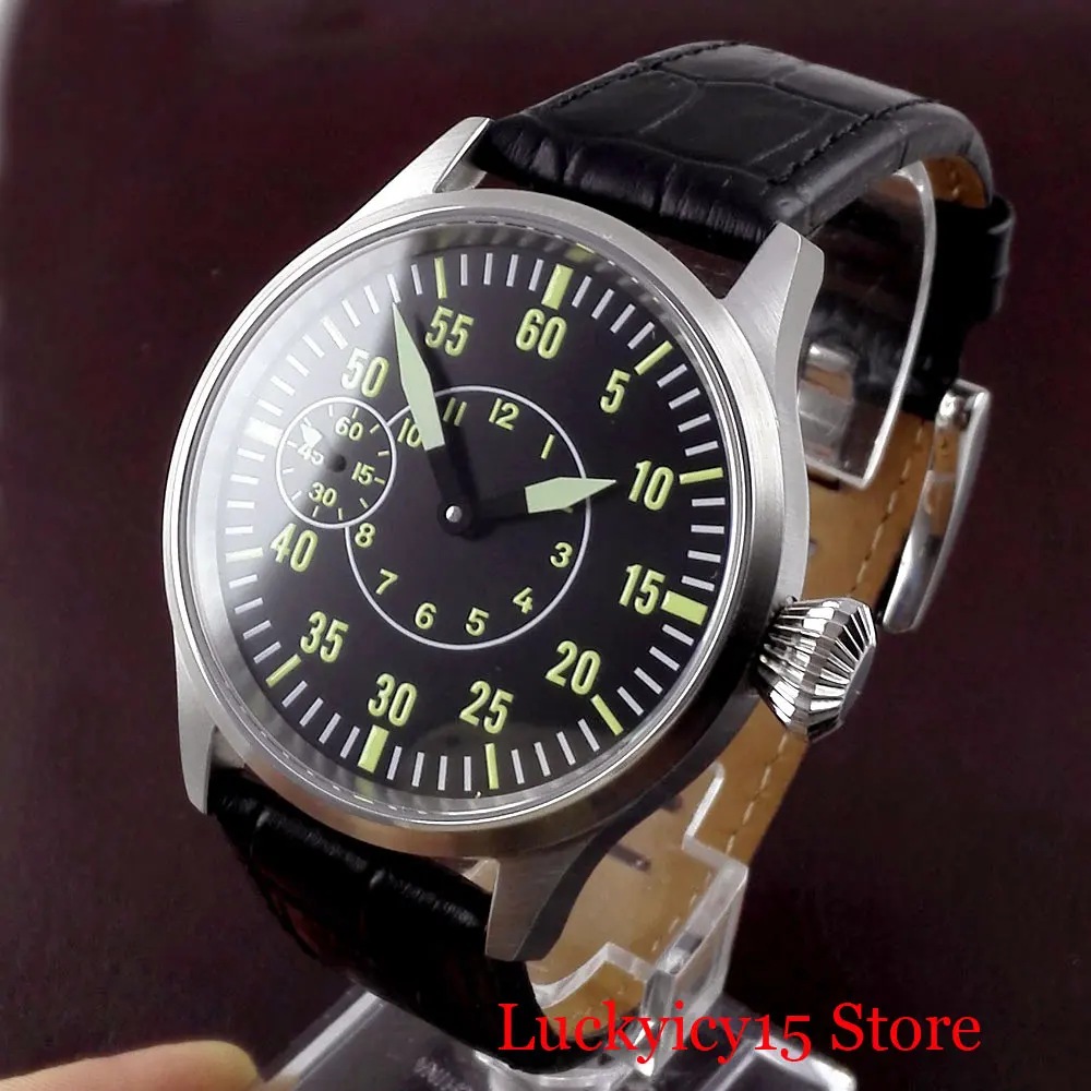 Mechanical Hand Winding Wristwatch 43mm Luminous Hand Sterile Dial 6497 Movement Sapphire Glass Leather Strap