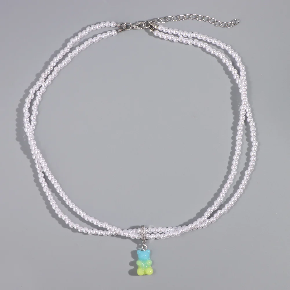 Korean Glass Beaded Collar Shiny Jelly Gummy Bear Pendant Necklace Jewelry Silver Color Zircon Mini Bears Beads Neckalces Women