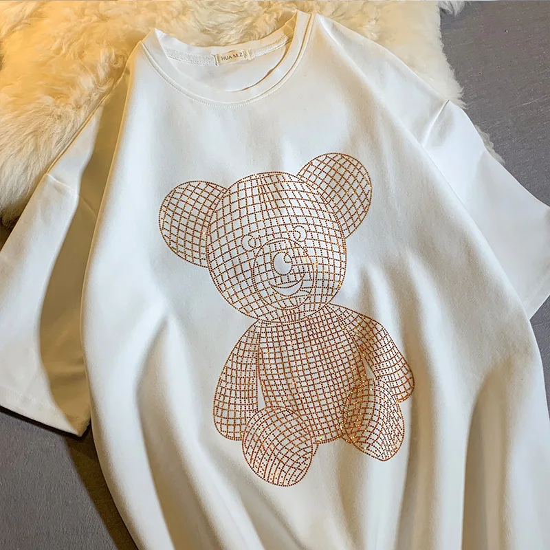 Women's Shirt Heavy Industrial Loose T-shirt Hot Drilling Bear 2022 Summer Fashion Black and White T-shirt Half Sleeve T-shirt