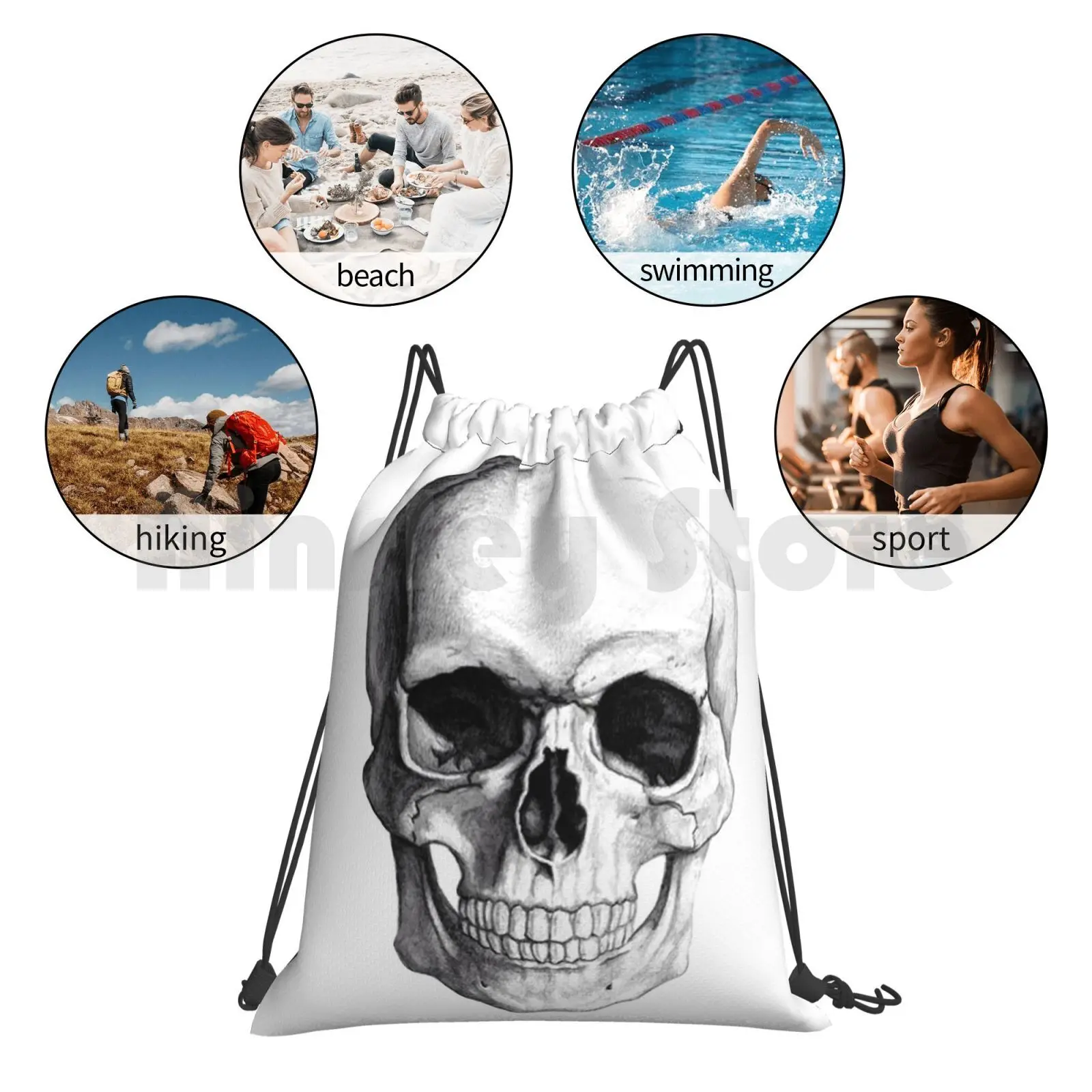 Skull Backpack Drawstring Bag Riding Climbing Gym Bag Skull All Time Low Tumblr Grunge Death Punk Soft Grunge Pencil Sketch