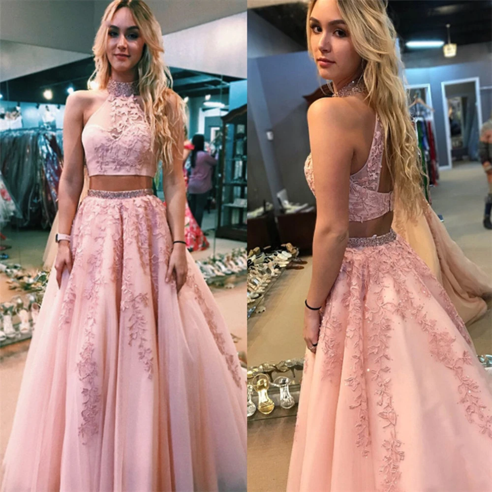 Charming Zwei Stücke Rosa Prom Kleider Perlen High Neck Appliques Illusion A-Line Graduation Party Kleider vestidos de festa 2020