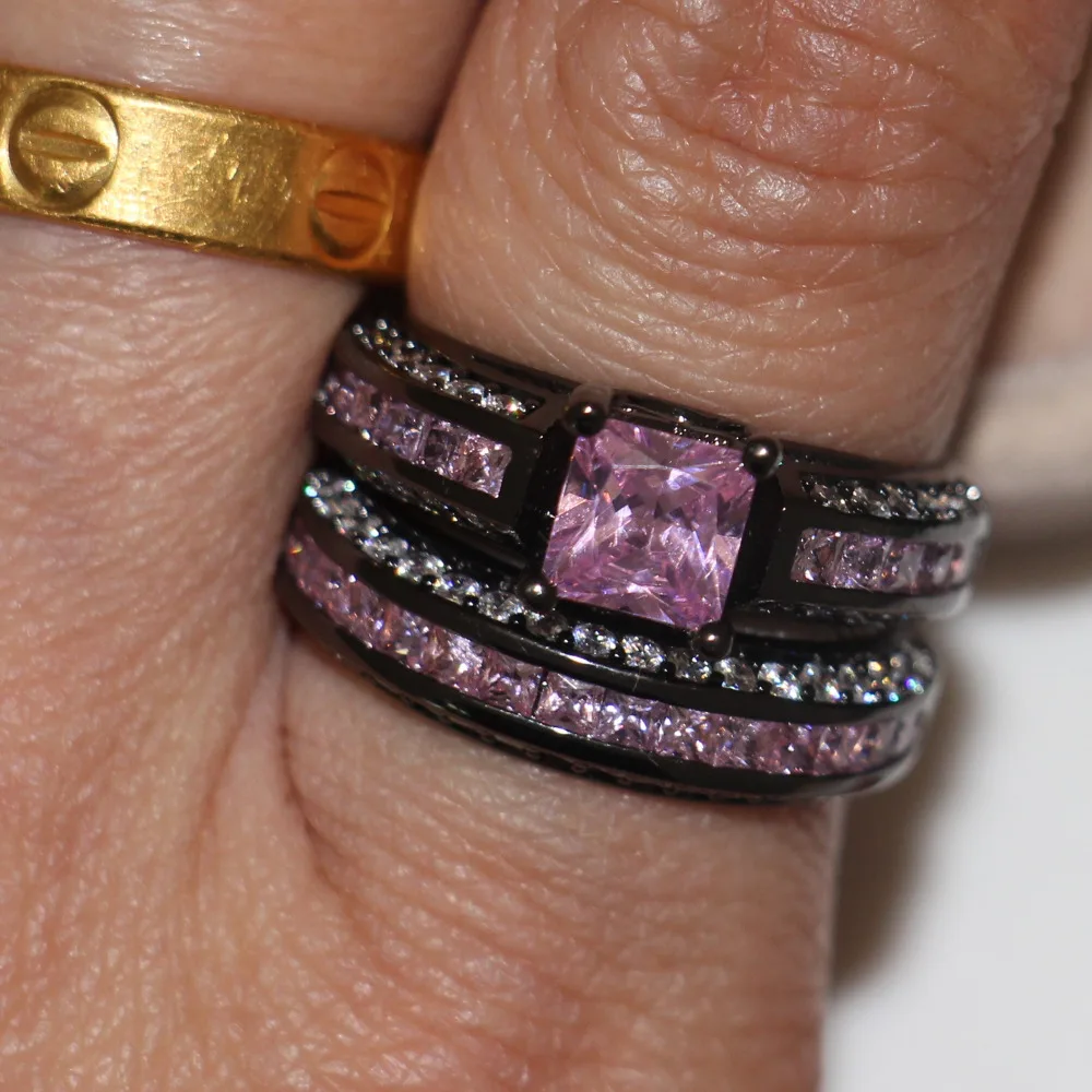 Vintage Pink Diamond Ring Sets 10KT Black Gold Filled Engagement Wedding Band Rings for women Bridal set Promise Party Jewelry
