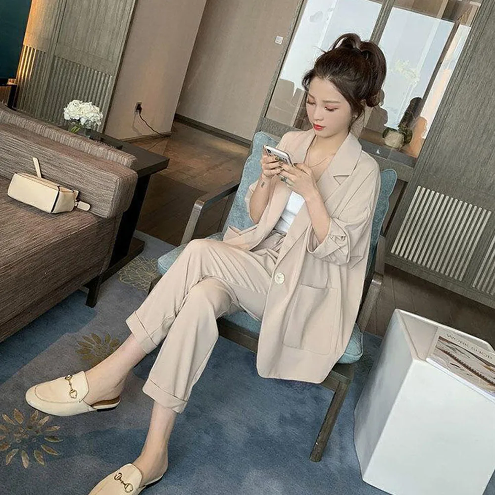 Two Piece Set Big Size Elegant Office Lady Suit Slim Long Pants Jacket Blazer Top Suit Commuting Wind Work Casual Women Set