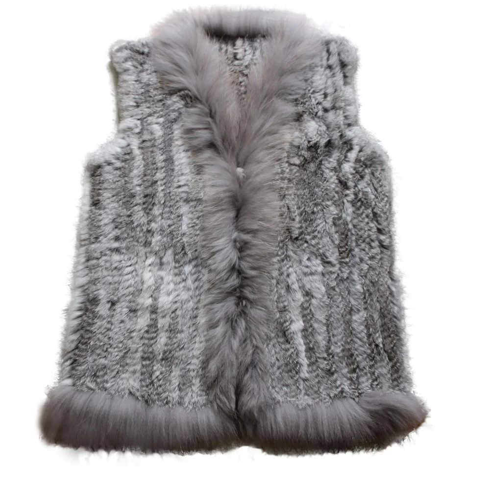 Chaleco de piel de conejo de punto Natural para mujer, chaleco con Cuello de piel de mapache, 68cm de largo, nuevo diseño, venta al por menor/al por