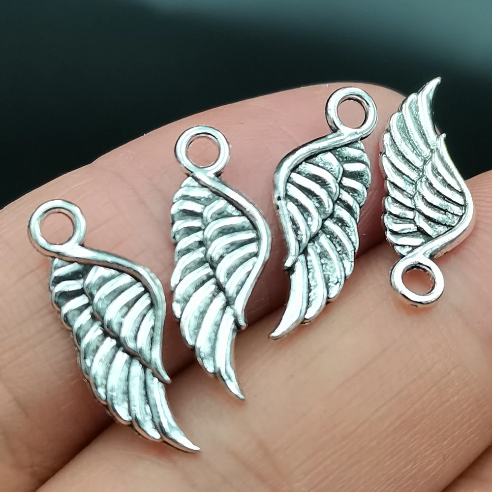 Antiquing 10pcs Charms Double Sided Angel Wings 20.7*7.5mm Antique Pendants Making DIY Handmade Tibetan Silver Color Jewelry