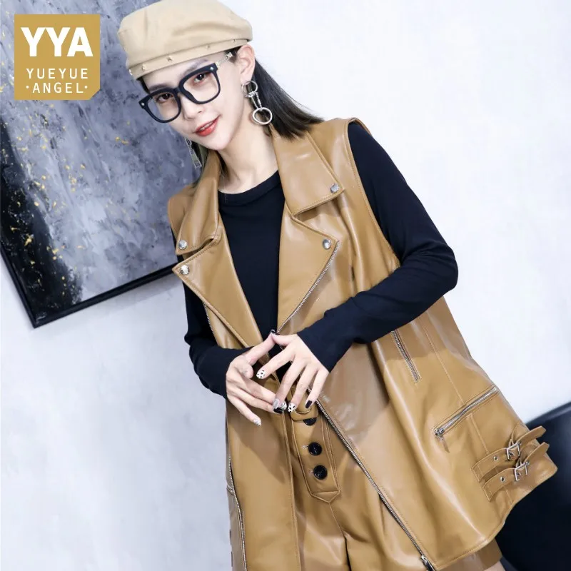 Genuine Leather Waistcoat Women Korean Lapel Multi-Zipper Mid-Length Sheepskin Big Vests Autumn Winter Female Sleeveless Jacket