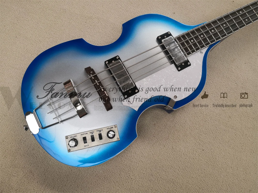 4 string bass guitar hof bass hollow blue sliver body rosewood bridge pearl pickguard chrome pickups fixed bridge