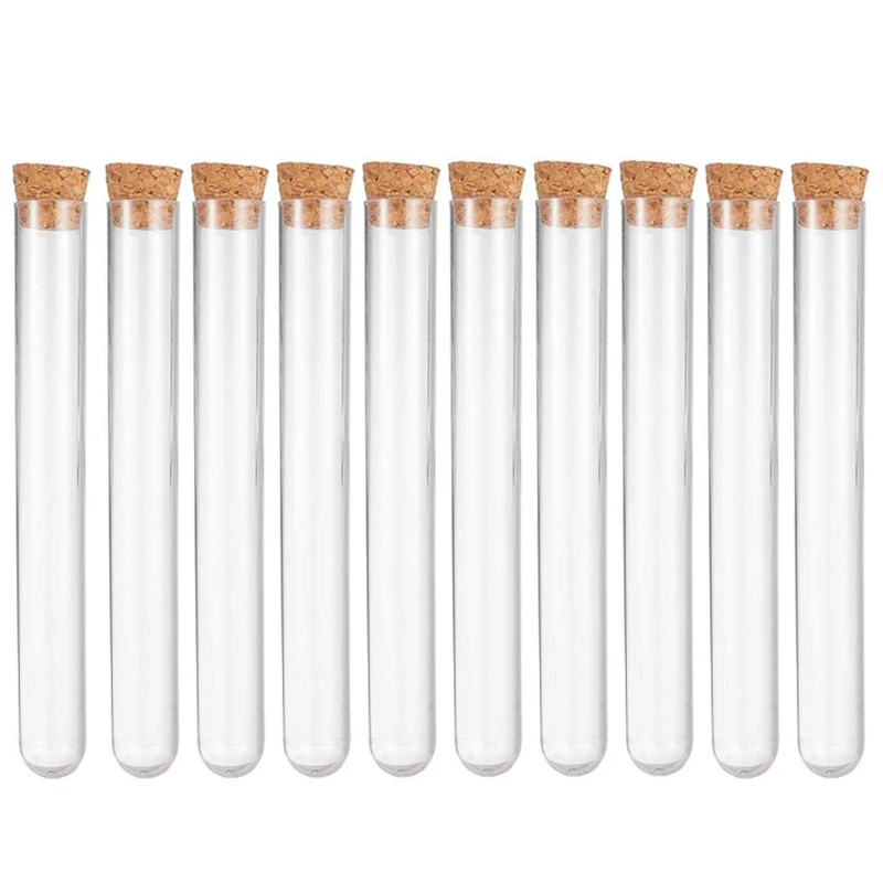 10Pcs 15x100mm Transparent Laboratory Clear Plastic Test Tubes With Corks Caps School Lab Supplies, Wedding Favor Gift Tube