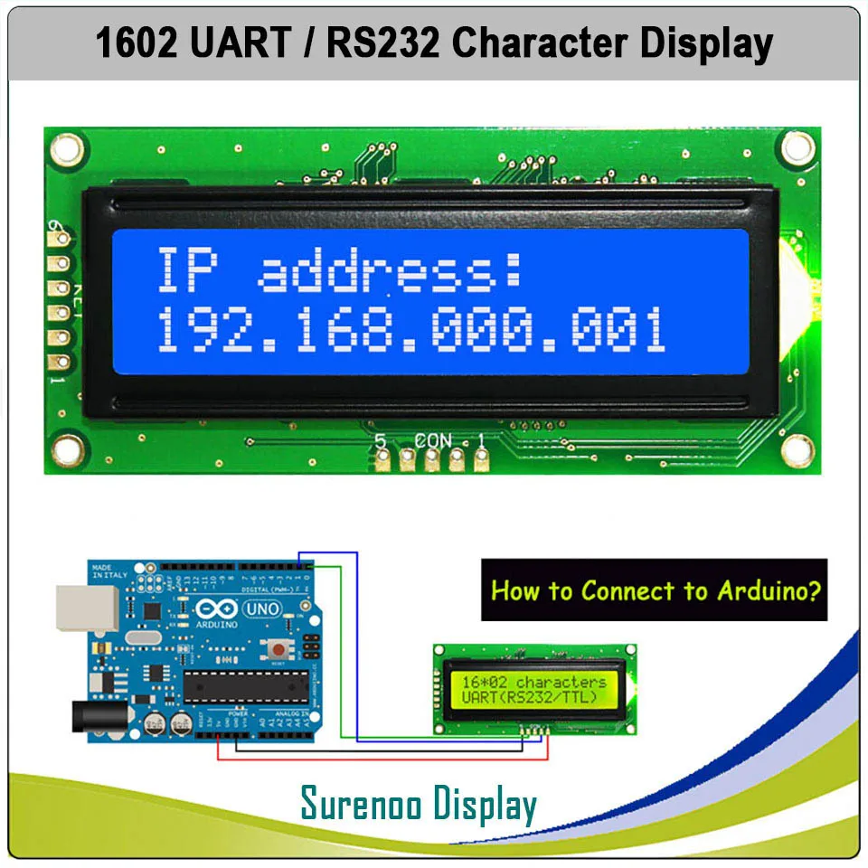 CMOS UART RS232 Serial 1602 162 16*2 Character LCD Module Display Screen LCM for Arduino, Support Keyboard Blue Yellow Green