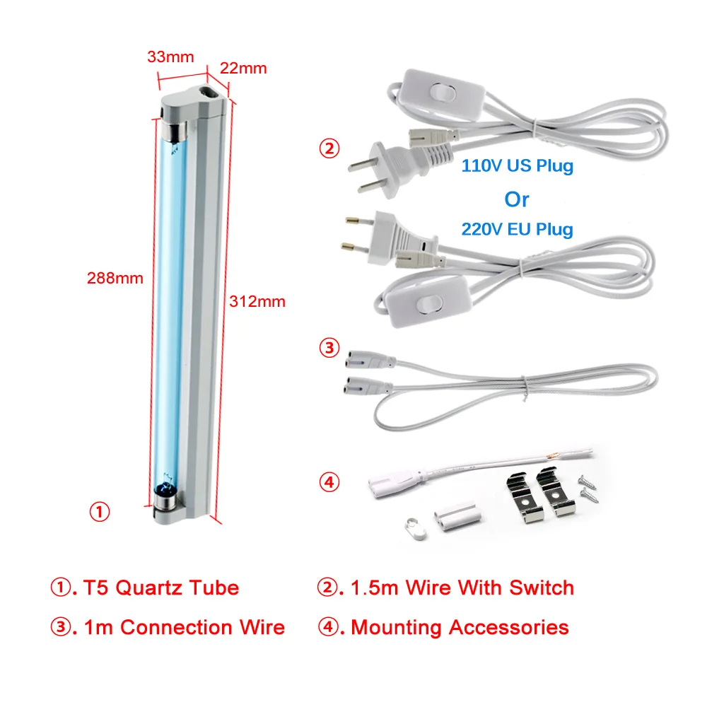 8W Ultraviolet Bactericidal Light Set T5 Tube UVC Germicidal Sterilizer lamp110V 220V Ozone Deodor Eliminator Tube Clean Air