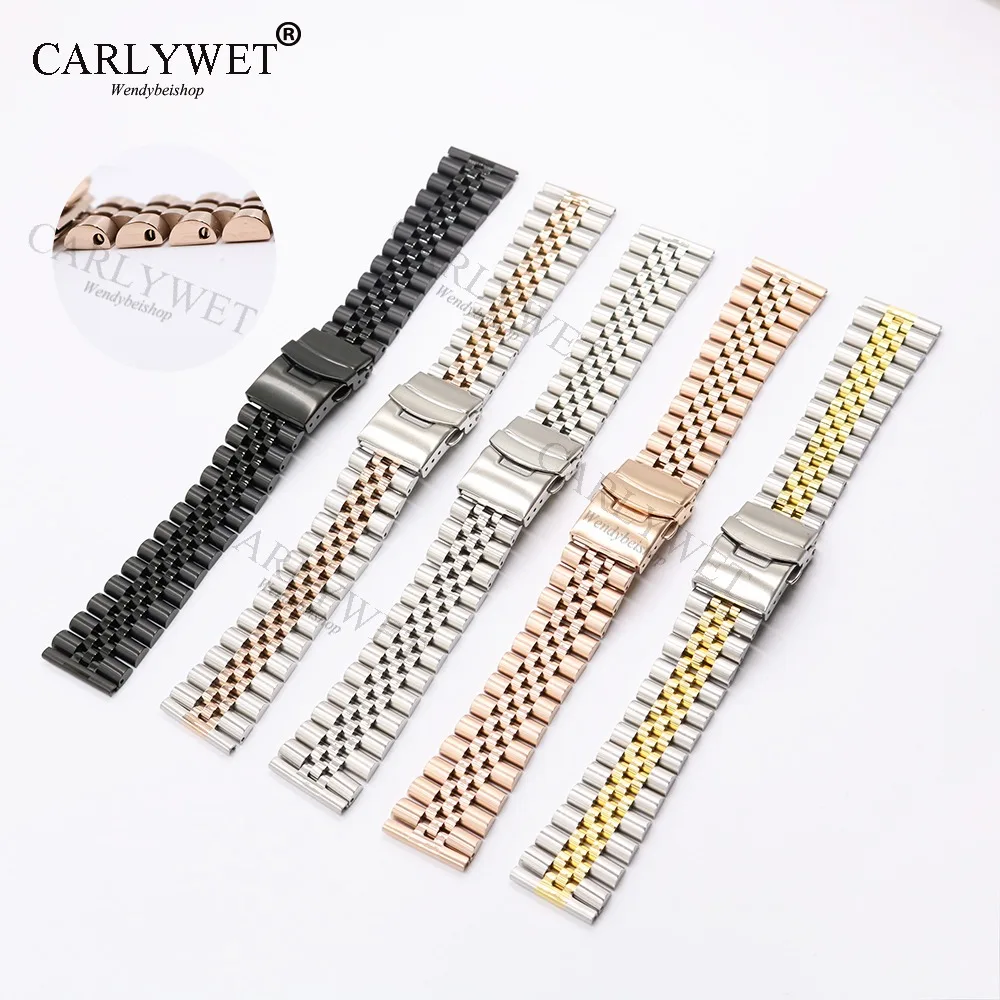 CARLYWET 22mm Two Tone Rose Gold Straight End Solid Screw Links Replacement Watch Band Strap Jubilee Bracelet For Seiko Omega