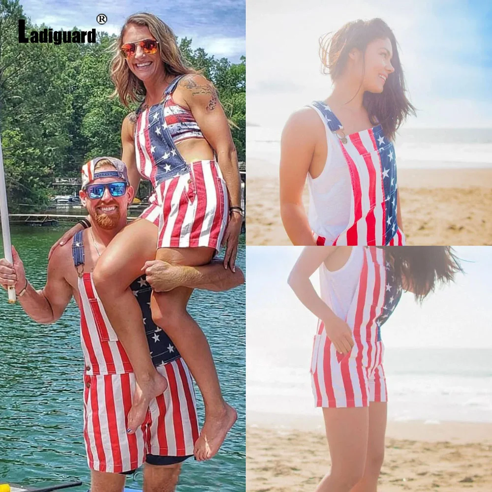 Plus Size 5xl Mens Fashion Denim Overalls Boyfriend American Flag Print Short Jeans New Summer Casual Suspender Jean Playsuits