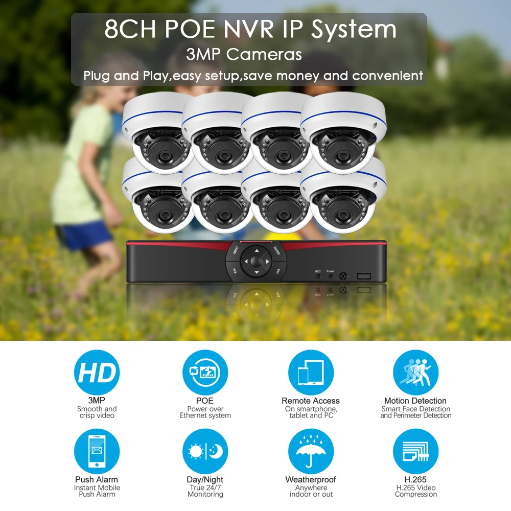 Gadinan 8CH 5MP POE NVR Security Camera System Kit Audio Record 3MP IP Camera IR Dome Outdoor Waterproof CCTV Surveillance Set