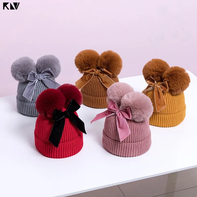 KLV – chapeau tricoté pour bébé fille, chaud, épais, à Double pompon, pour enfant