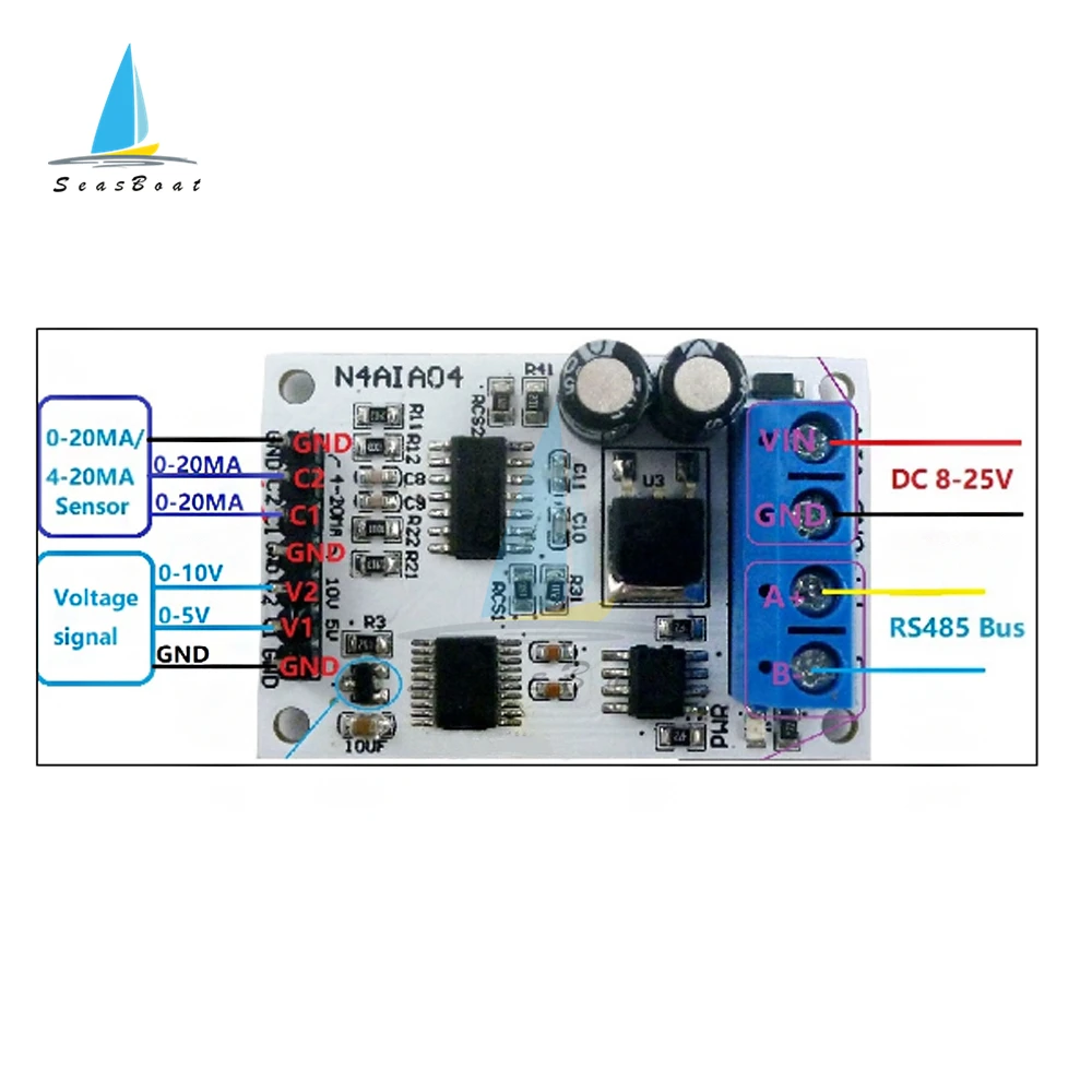 8-25v 4-20ma/0-20ma/0-5v/0-10v 4ch電圧アナログ取得rs485 Modbus rtu adcモジュール4チャンネル現在のコレクション
