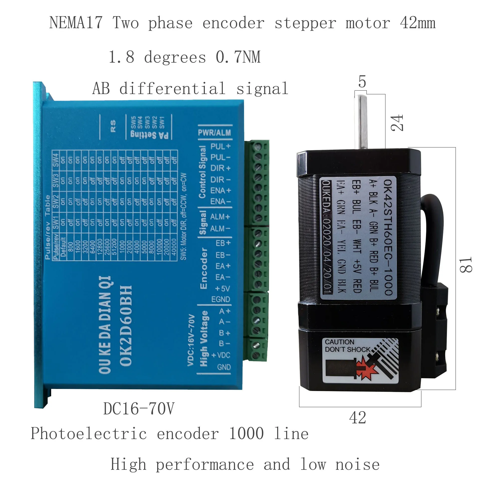 42STH60EC-1000 Nema17 42 Encoder Stepper Motor 0.7NM 1.8A 1000 line Encoder Stepping Motor Photoelectric AB Differential Signal