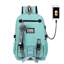 Teenage Girls boys Schoolbag Backpack Big School Bags Large USB Printing Girls Bookbags Student Fashion Ribbon Bow 4 color