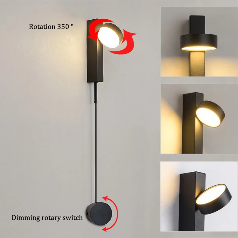 Led Indoor Wall Lamps Rotation Dimming Switch Wall Light Modern Stai Wall Decorate Wall Sconce Livingroom Gold Black Luminaire