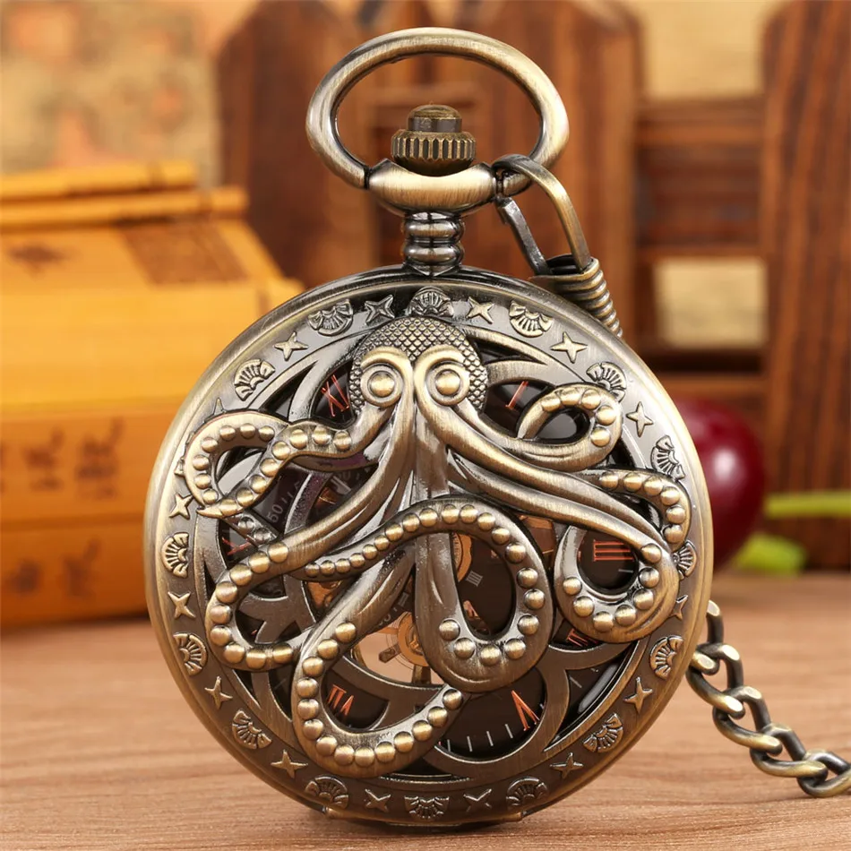 Cool Octopus Design Hollow Mechanical Manual Pocket Watch Vintage Fashion Hand-Winding Pendant Pocket Clock Retro Gifts Male