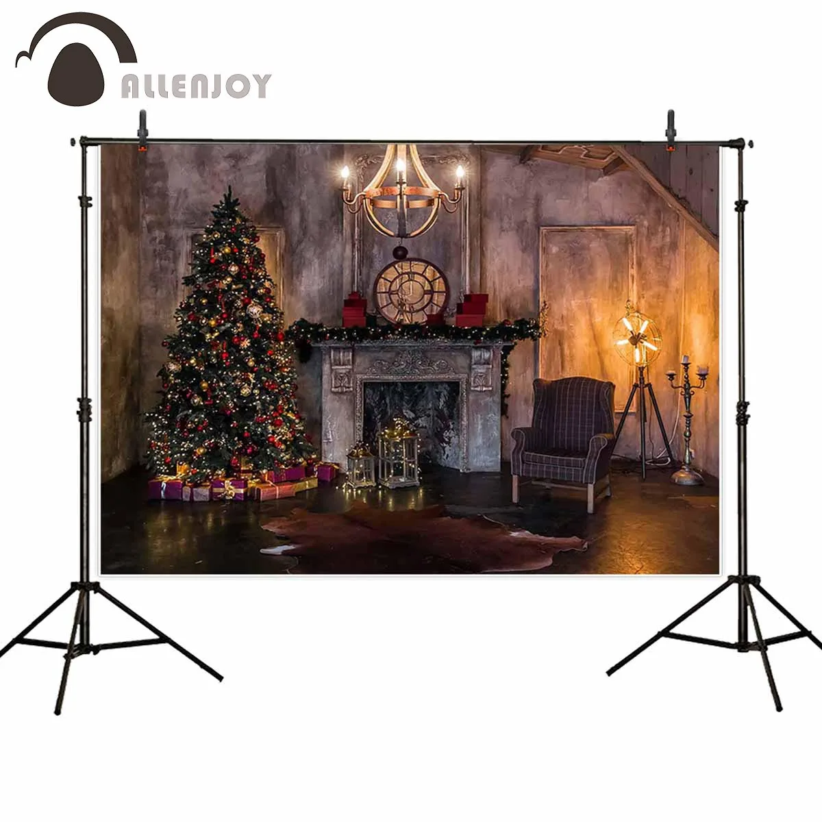 Allenjoy vinyl photographic background Vintage fireplace christmas tree decoration new year photophone photocall banner backdrop