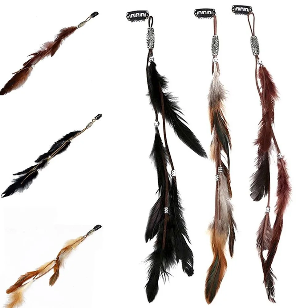 Diadema de plumas bohemias para mujer y niña, cintas tribales para el cabello, accesorios para el cabello, Clip para el cabello, cuerda para el