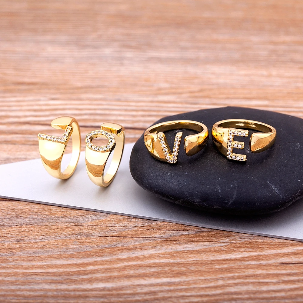 Fashion Chunky Wide Hollow A-Z Letter Gold Color Adjustable Opening Ring Initials Name Alphabet Female Party Wedding Jewelry