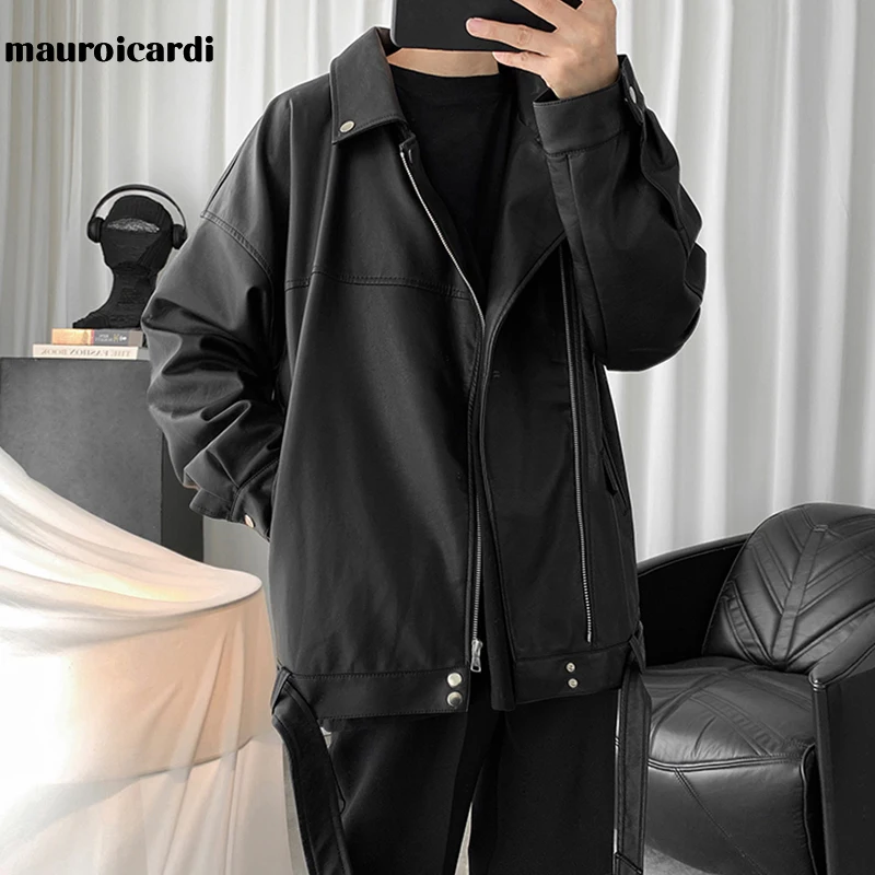 Mauroicardi Spring Black Oversized Leather Biker Jacket Men Casual Loose Korean Fashion 2021 Faux leather Jackets for Men Brand