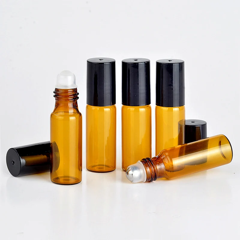 10 adet/100 adet/grup 5ml taşınabilir Amber cam rulo Rollerball uçucu yağ şişeleri doldurulabilir parfüm şişesi kozmetik konteyner