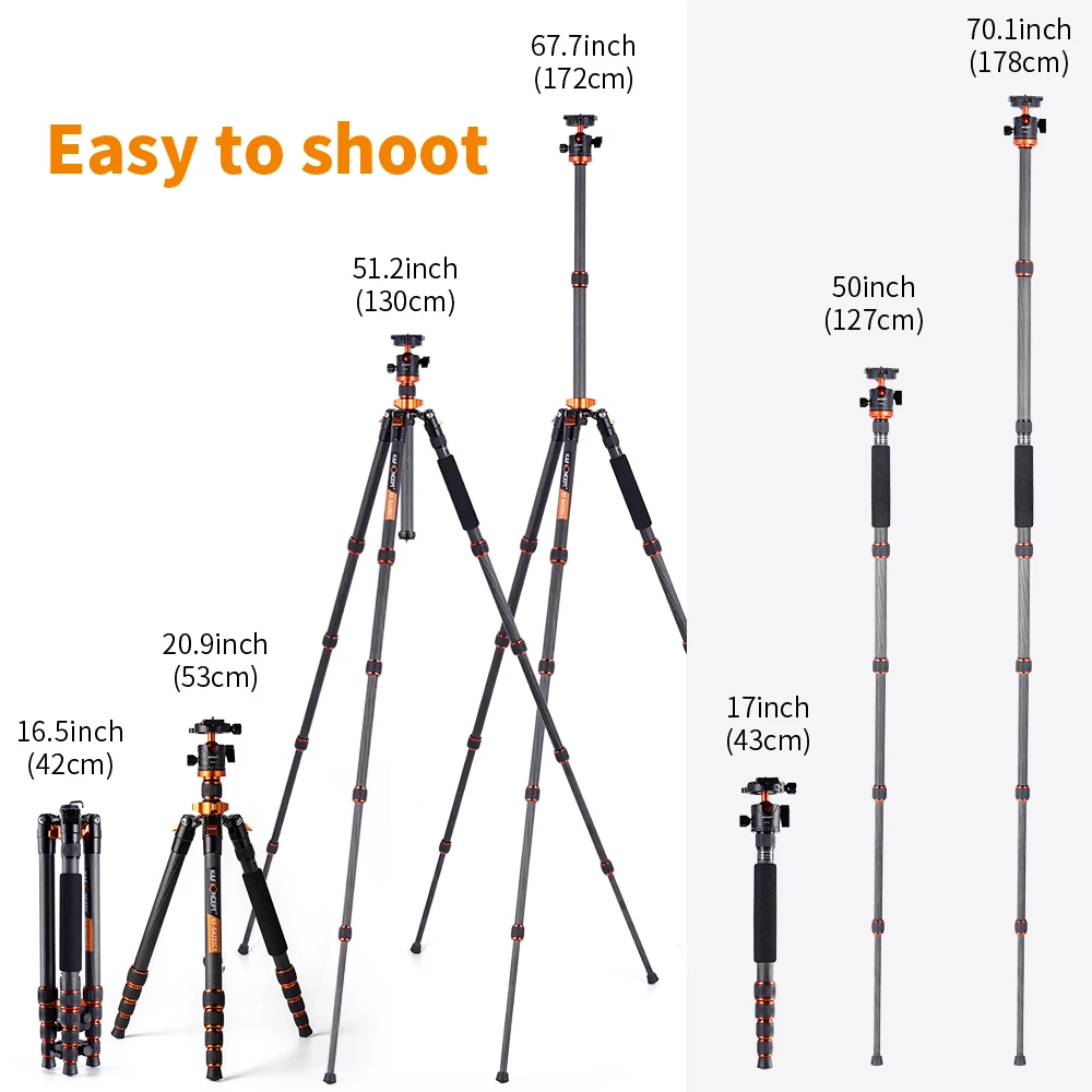 K&F Concept SA255C1 68 inch Carbon Fiber Camera Tripod with 360 Degree Ball Head and 10kgs Load Detachable Monopod For Camera