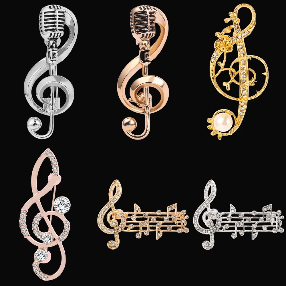 Rhinestone Music Logo Brooch Musical Note Microphone Metal Pin Singer Concert Luxury Jewelry Ladies Men Accessories