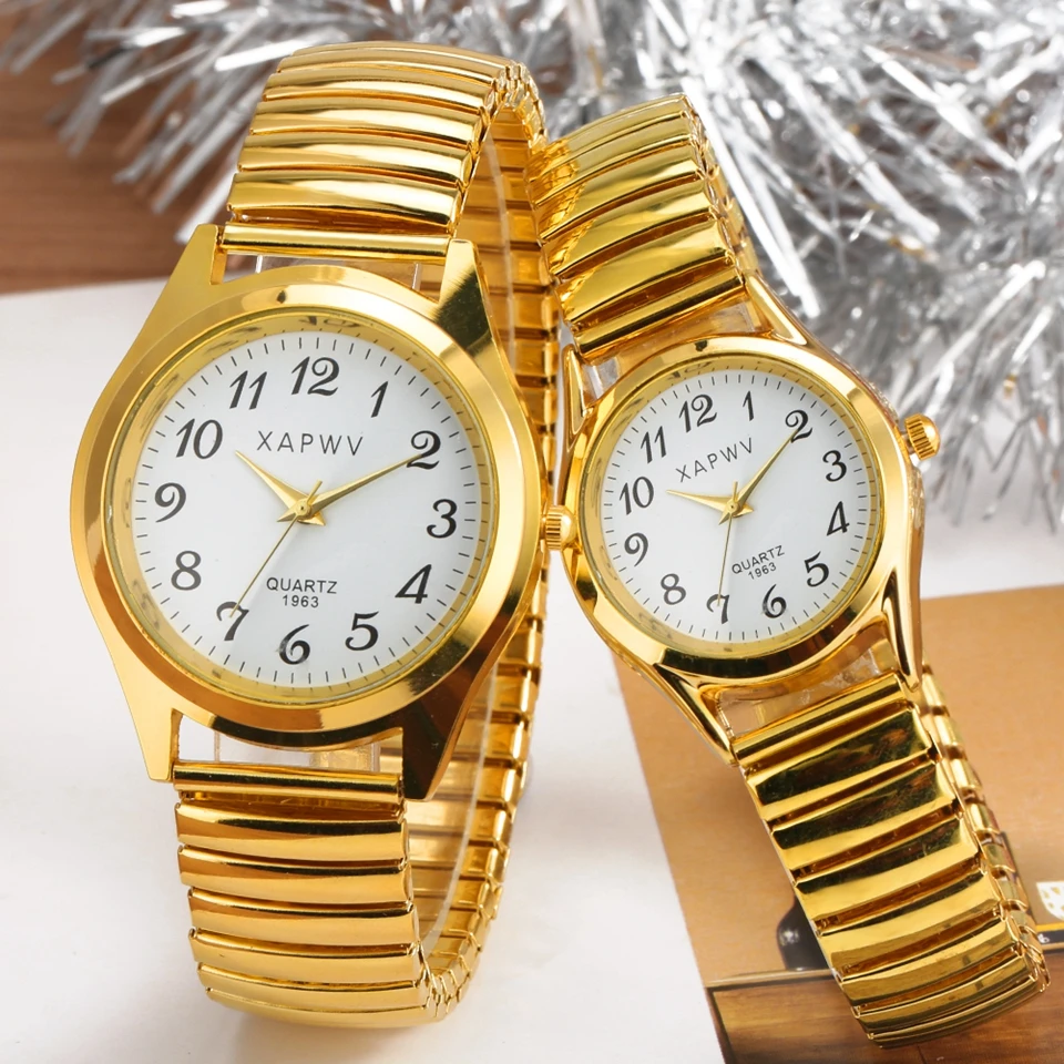 

Couple Watch Noble Golden Mens Watches Elastic Strap Quartz Watch Simple White Arabic Numerals Dial Bracelets Watches for Women