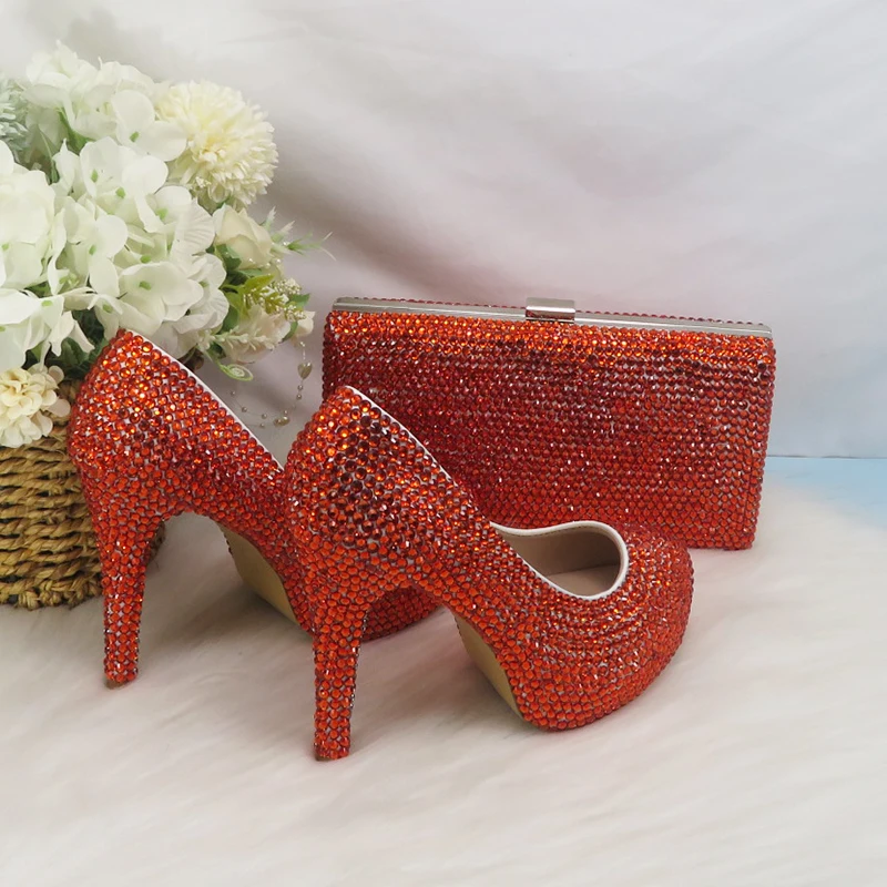 Orange Crystal wedding shoes with matching bags bride party dress High heels platform shoes Round Toe High Pumps and Purse