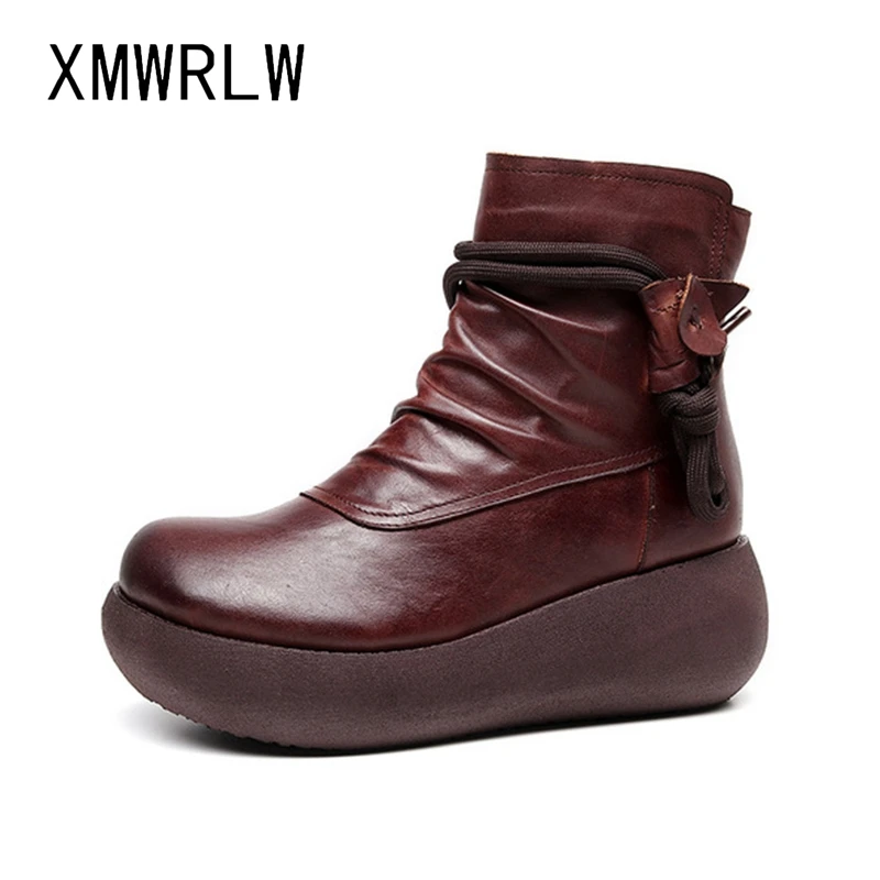 

XMWRLW 2020 Autumn Retro Women Genuine Leather Ankle Boots Thick Sole Ladies Shoes Women Ankle Boots Handmade Autumn Shoes