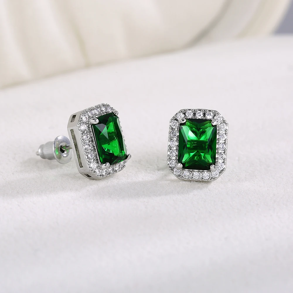 Huitan Ohrstecker mit rechteckigem/quadratischem grünem kubischem Zirkon für Damen, elegante Party-Accessoires, Jahrestagsgeschenk, zeitlose Damen-Ohrringe – Detail 8