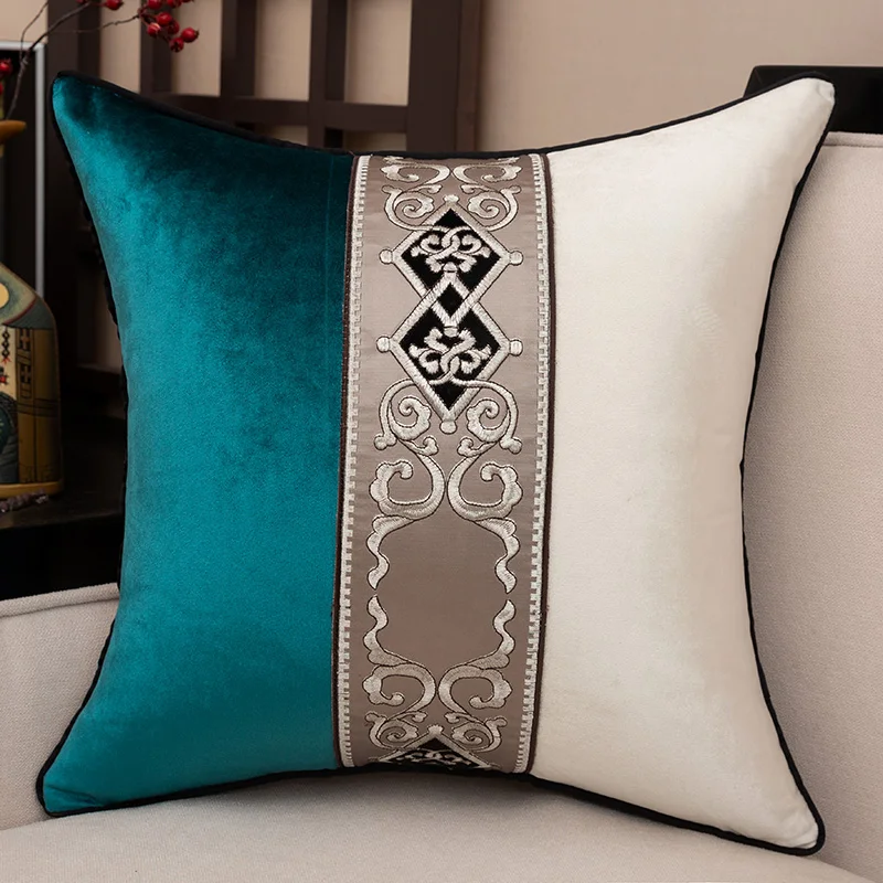 New Chinese Style Splicing Cushion Cover Waist Pillowcase Velvet Embroidery Grey Lake Blue Living Room Sofa Bed Decoration