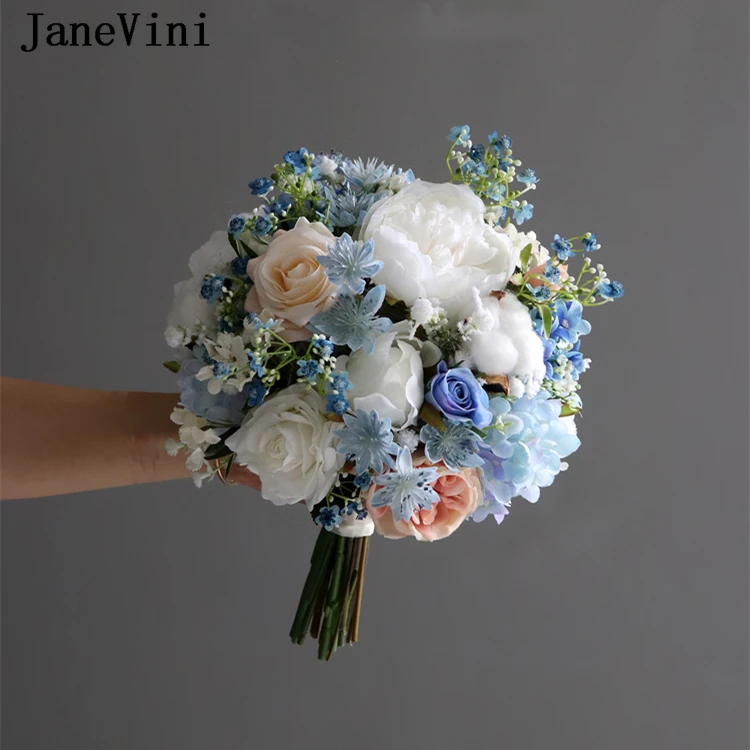 JaneVini 2021 New Romantic Beach Blue White Bridal Fake Flowers Bouquet Handmade Silk Roses Western Wedding Bouquets Accessories