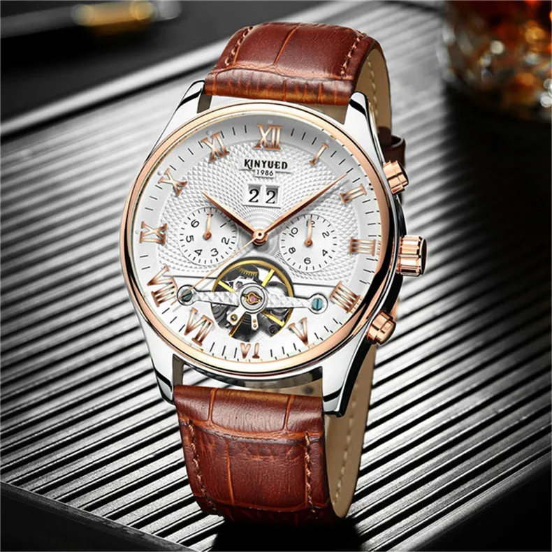 KINYUED Tourbillon Männer Uhren Mode-Business Automatische Mechanische Uhr Männer Casual Leder Wasserdichte Uhr Relogio Masculino – Detail 4