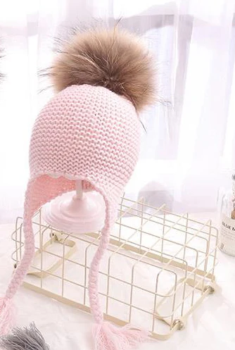 NEW Fashion Children Winter Raccoon Fur Hats 100% Real 15cm Fur pompom Beanies Cap Natural Fur Hat For Kids Children