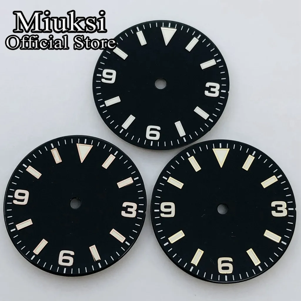 Miuksi 29mm black watch dial green luminous fit NH35 NH36 ETA2824 2836 Mingzhu DG2813 3804 Miyota 8205 8215 821A PT5000 movement