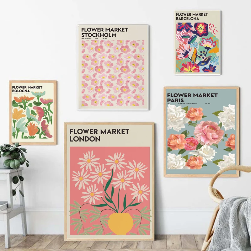 Abstract Flower Market Vintage Watercolor Wall Art Canvas Painting Nordic Posters And Prints Wall Pictures For Living Room Decor