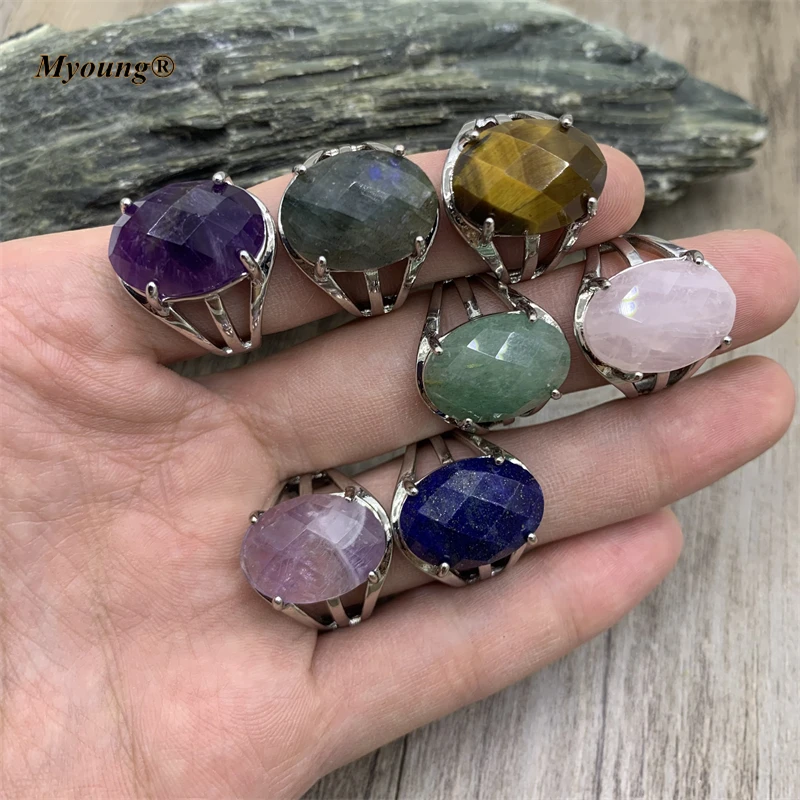 Oval Faceted Crystal Rings Reiki Healing Stone Natural Amethysts Pink Quartz Fashion Women Rings Party Jewelry MY211101