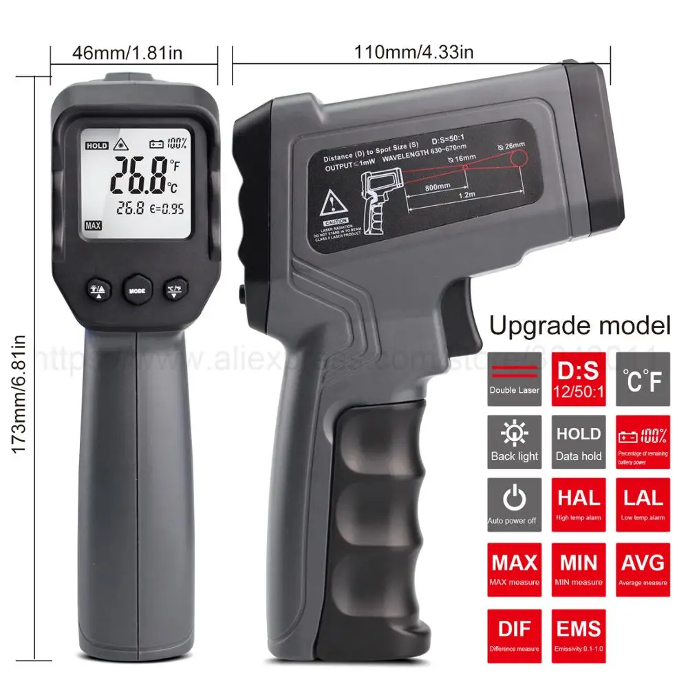 Digital Infrared Thermometer-50~380/550/1100/1300/1600 Laser Non-Contact Pizza BBQ Grill HVAC Engine Industry IR Thermometer Gun