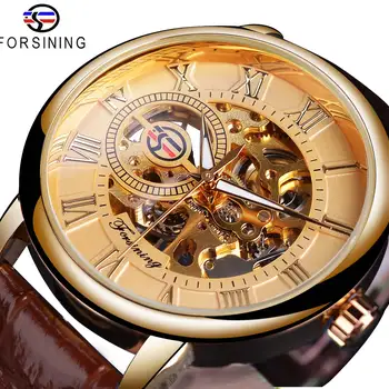 Forsining classic men&#x27;s mechanical watches skeleton gold roman Ultra-thin hand wind business dress gentleman leather wristwatch