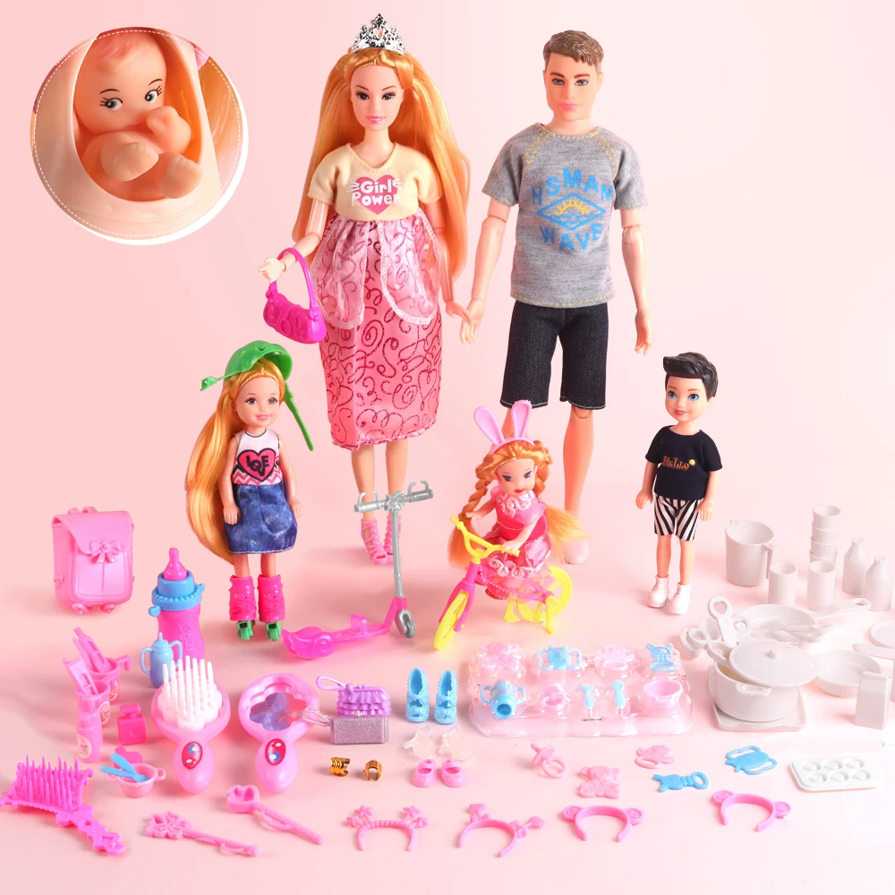 

UCanaan Family Dolls Set of 6 People with Dad Pregnant Mom 3 Kids Baby Boy in Mommy's Tummy 70 Pcs Accessories for Bithday Gifts