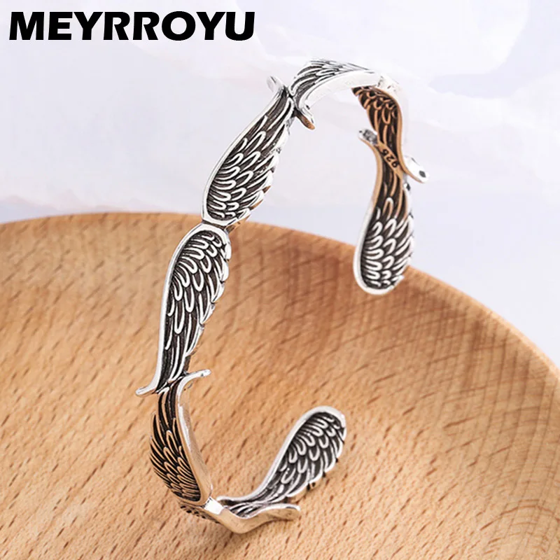 MEYRROYU Silver Color Vintage Angel Wings Distressed Thai Silver Handmade High-quality Jewelry Personality Women Bangle Party