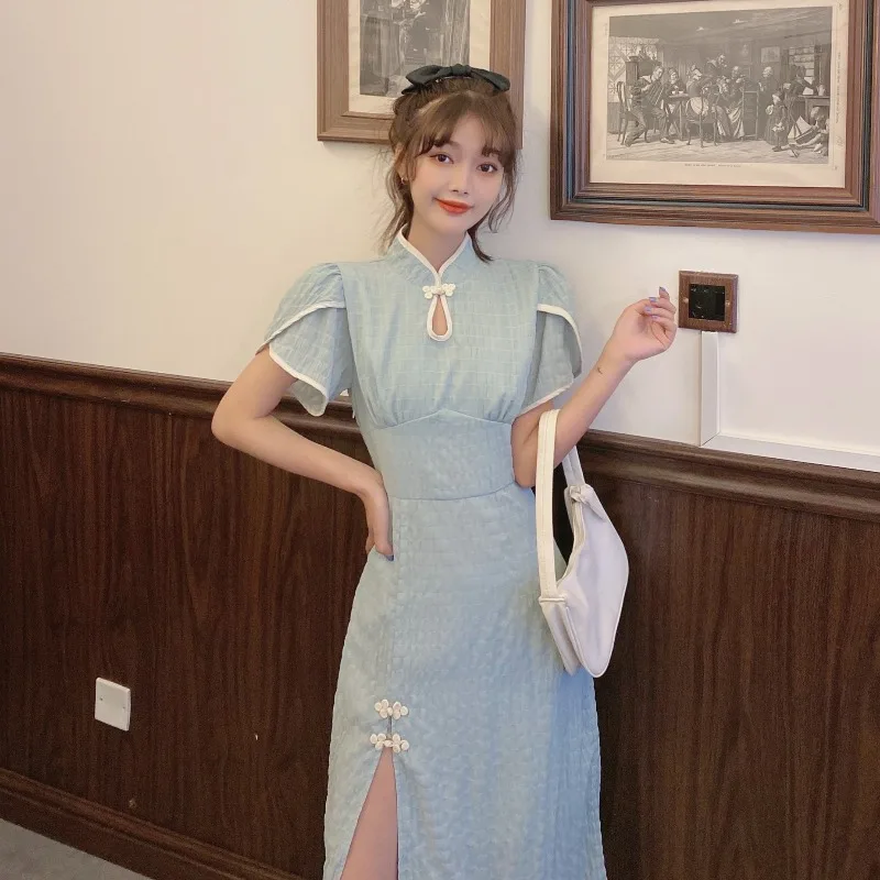 

Retro Sweet Elegance Improved Cheongsam for Women Stand-up Collar Cinched Slimming Flounce Split Short Sleeve lolita Dress