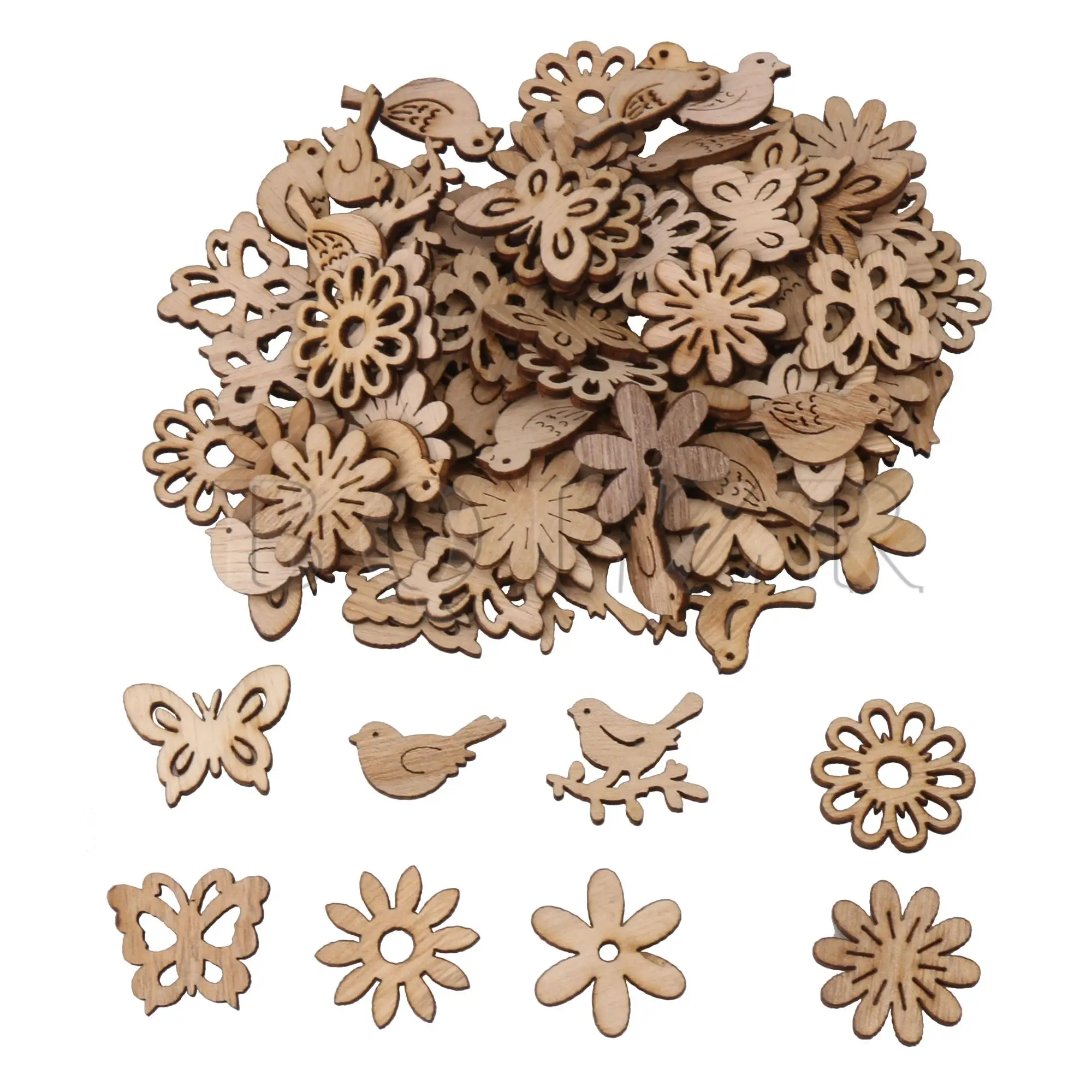 

BQLZR 100pcs B Type Wood Bird Flower Embellishments for Woodcrafts Supplies