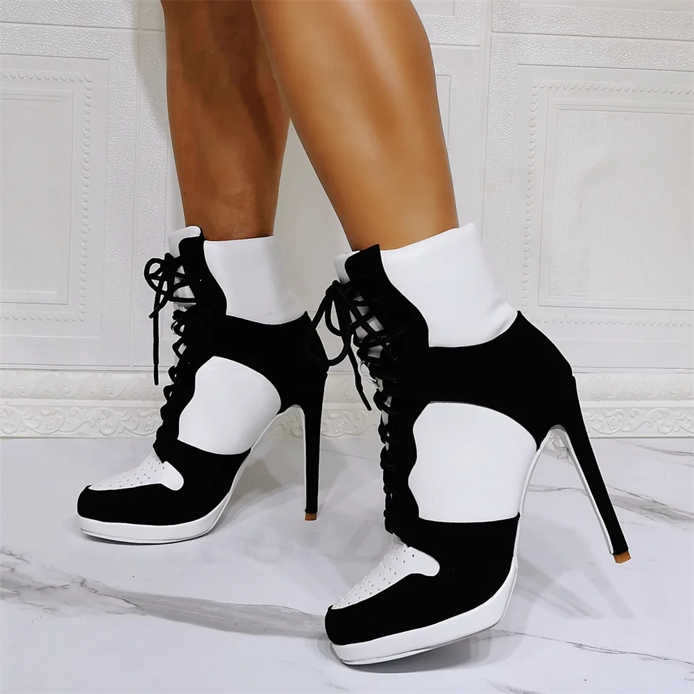 MKKHOU Fashion Short Boots Women\'s New Style Comfortable Sports Style Boots Lace-up Ankle Boots Stiletto High Heel Casual Boots