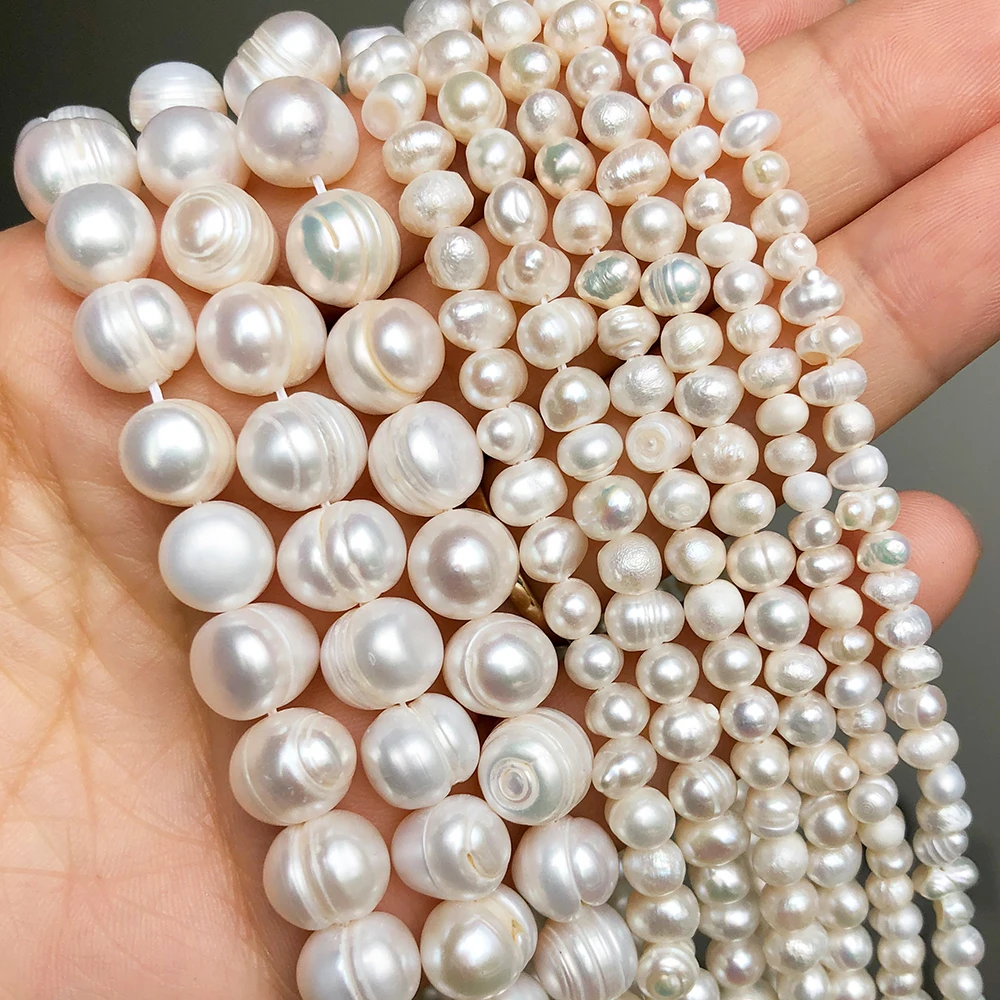 Natürliche weiße Süßwasserperlen, unregelmäßige runde Zuchtperlen für DIY-Armbänder, handgefertigte Accessoires für Frauen, 15 Zoll. – Detail 1