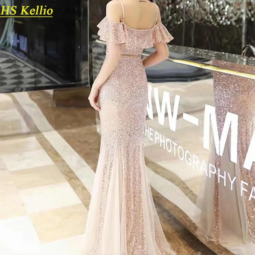 Gold-Prom-Dress Mermaid Spaghetti Strap Sexy Women Party Gown 2020